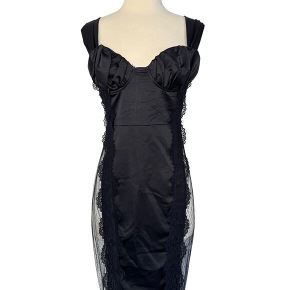 PRETTY LITTLE THING Black Satin Sleeveless Lace Insert Maxi Dress NEW Size 2 - Picture 5 of 13